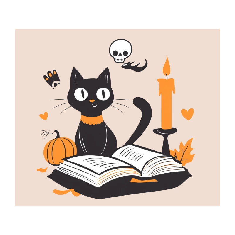 Cute Halloween Scene with Black Cat Reading Tapestry