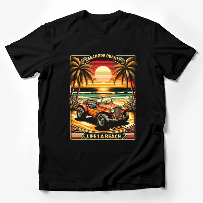 Voiture de plage sous les palmiers au coucher du soleil Homme T-Shirt