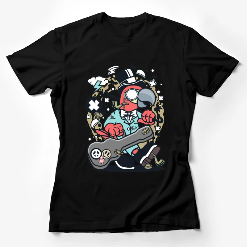 Perroquet chic avec guitare et chapeau haut-de-forme Femme T-Shirt