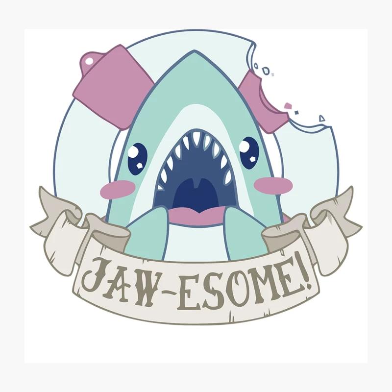 Cute Cartoon Shark with "Jaw-esome" Pun Banner Throw Pillow