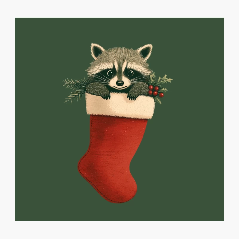 Cute Raccoon in Christmas Stocking with Pine Decoration Throw Pillow