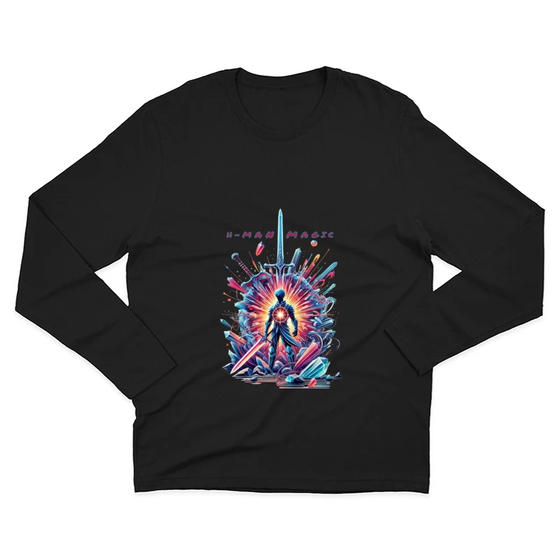 Mystical Warrior Silhouette with Magical Sword Burst Male Long Sleeve T-Shirt