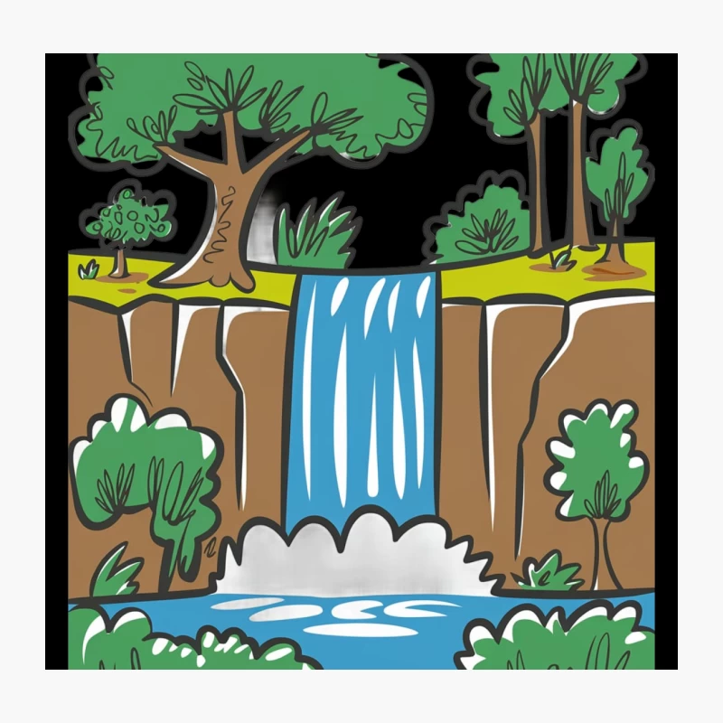 Cartoon Waterfall in Lush Forest Landscape Throw Pillow