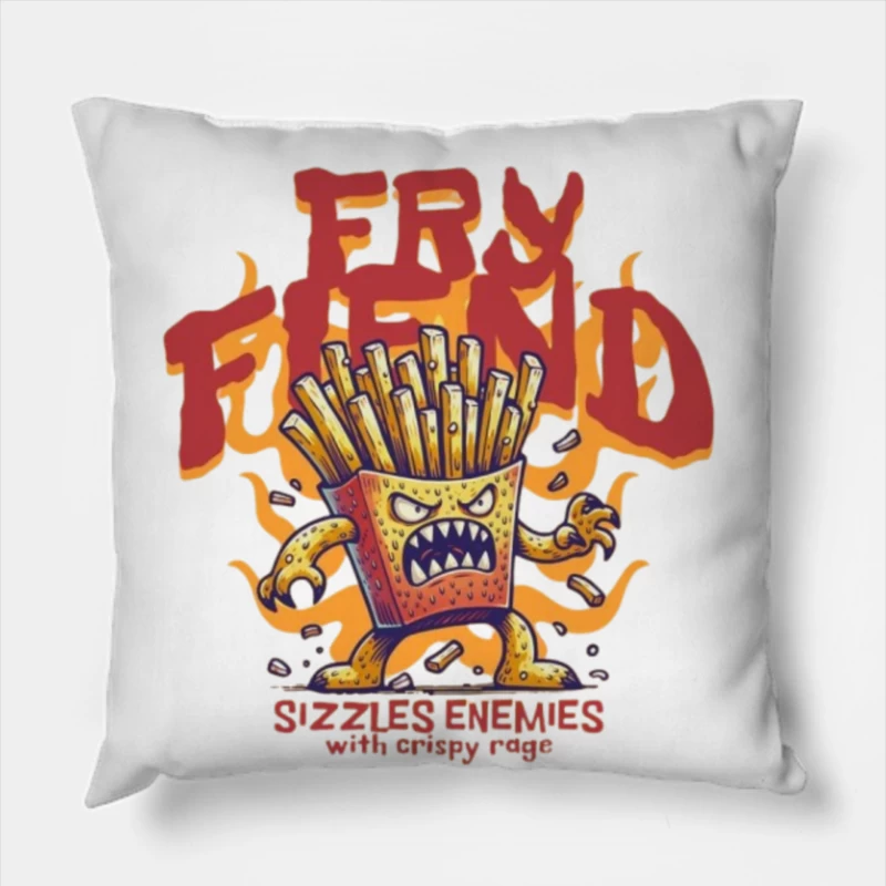 Angry French Fries Monster Character with Flames Illustration Throw Pillow