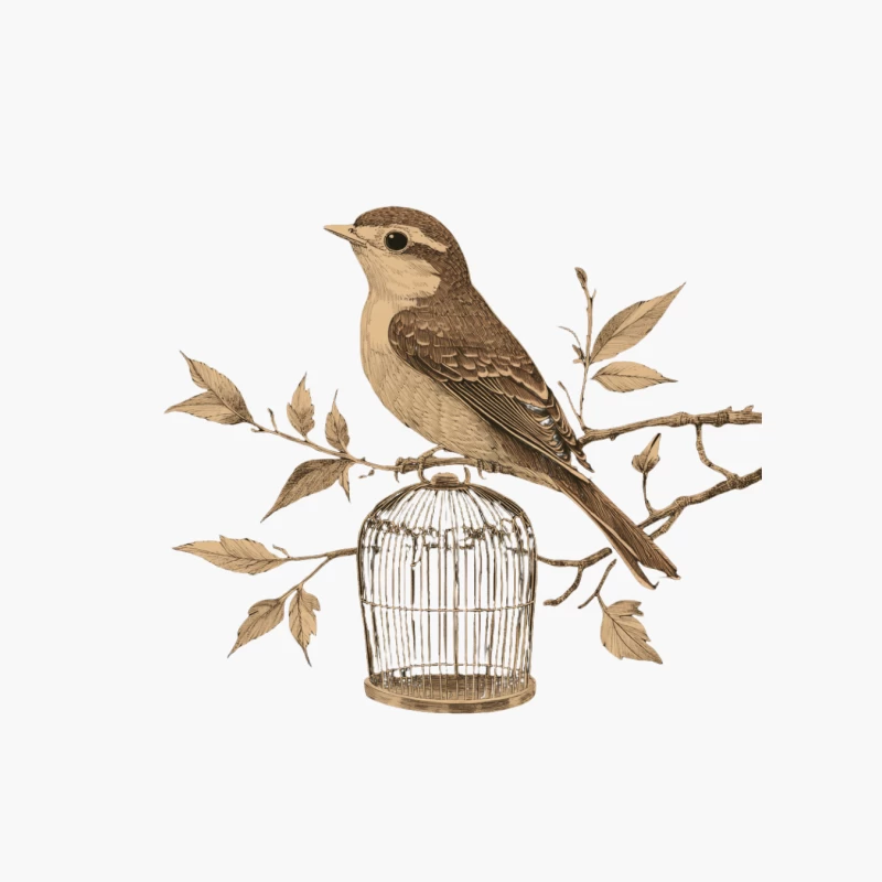 Vintage Illustration of Bird Perched on Branch with Birdcage Cotton Tote Bag