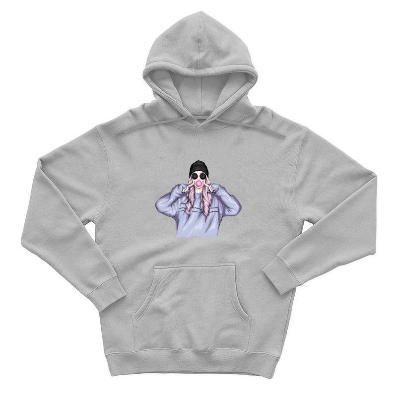 Playful Girl with Bubble Gum in Casual Outfit Male Pullover Hoodie