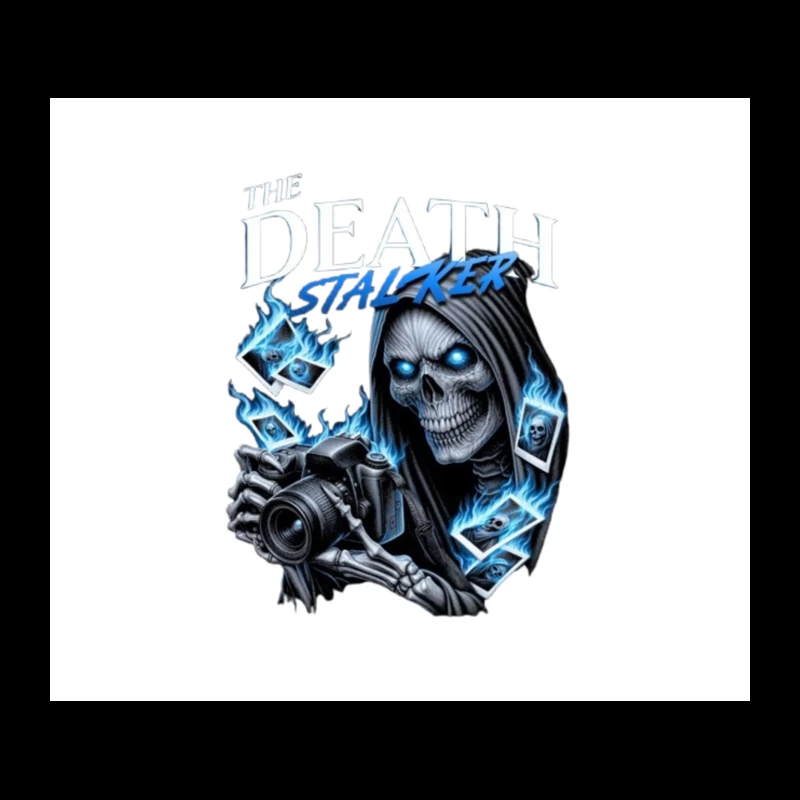 The Death Stalker: Skeletal Photographer with Blue Flames Tapestry