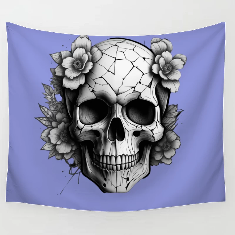 Cracked Skull with Flowers Tapestry