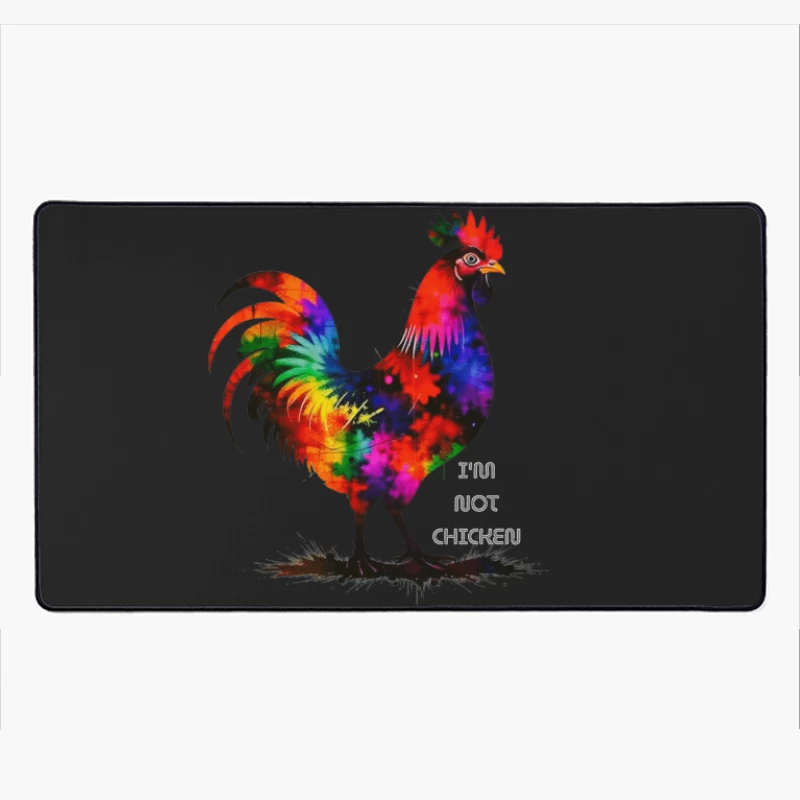 Rainbow Watercolor Rooster with Text Desk Mat