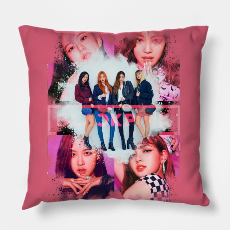 Vibrant K-pop Girl Group Fashion and Performance Showcase Throw Pillow