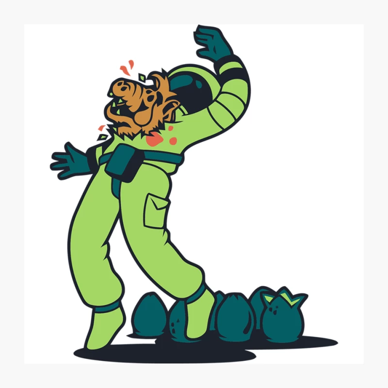 Cartoon Tiger Mascot in Green Space Suit with Mysterious Eggs Pin
