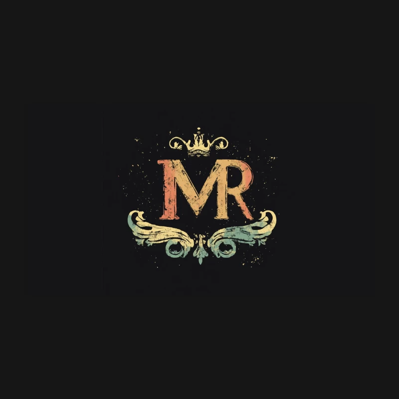 Ornate Vintage MR Initials Logo with Crown on Black Background Desk Mat
