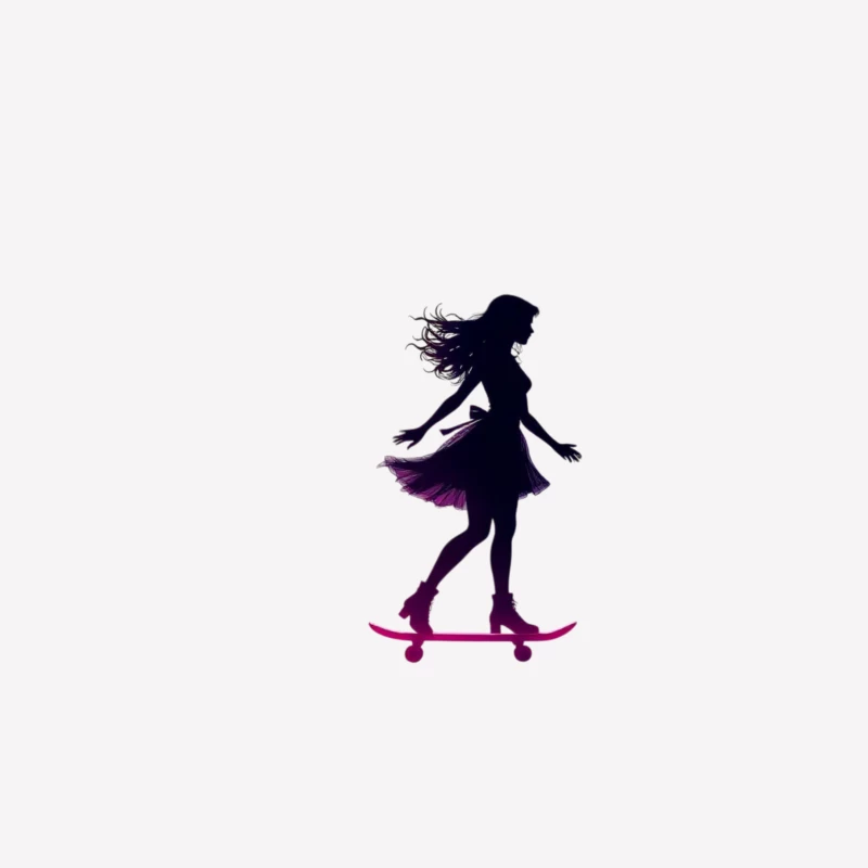 Graceful Feminine Skateboarding Silhouette in Purple Male T-Shirt