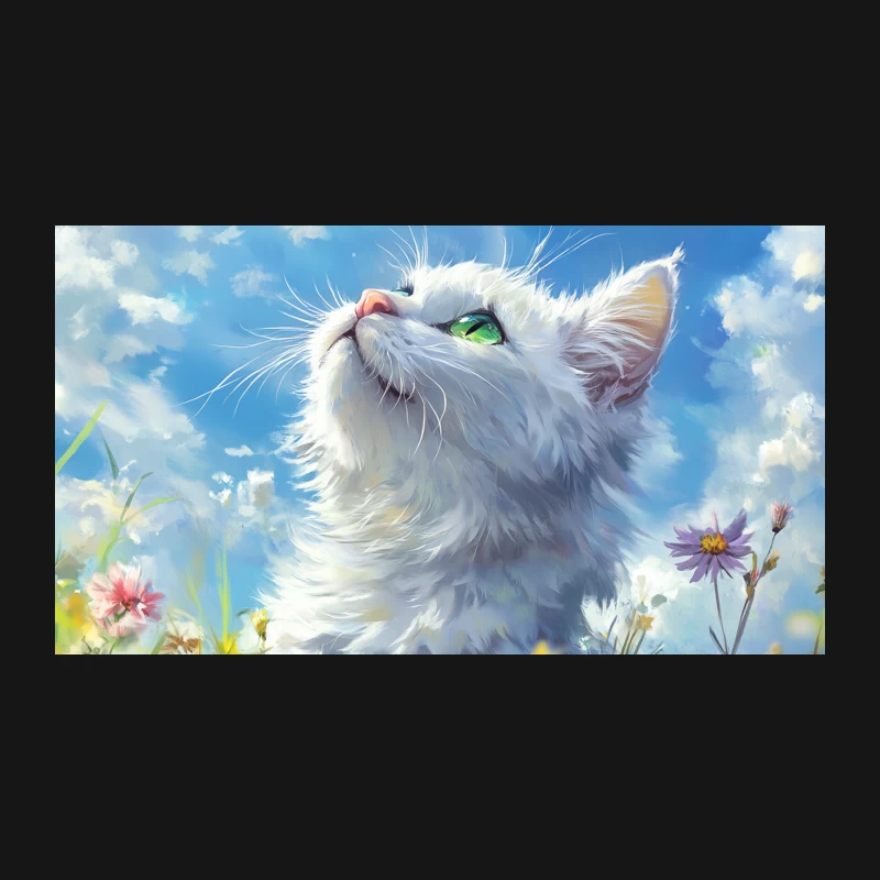 Dreamy White Cat in Floral Meadow Under Blue Sky Desk Mat