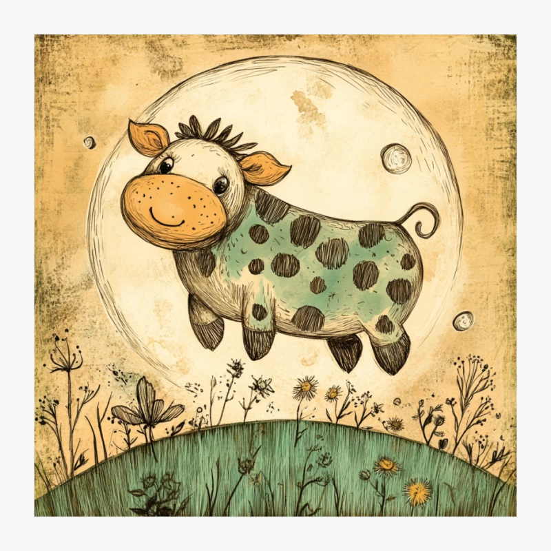 Whimsical Cartoon Cow Floating Over Moonlit Meadow Pin