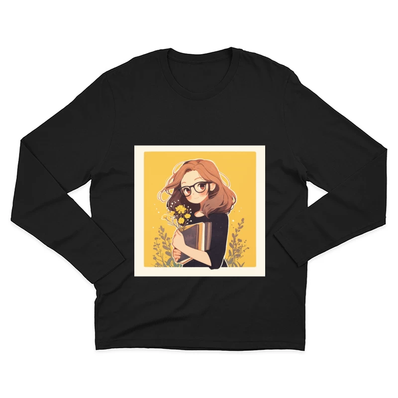 Bookish Girl with Yellow Flowers - Anime Style Illustration Male Long Sleeve T-Shirt