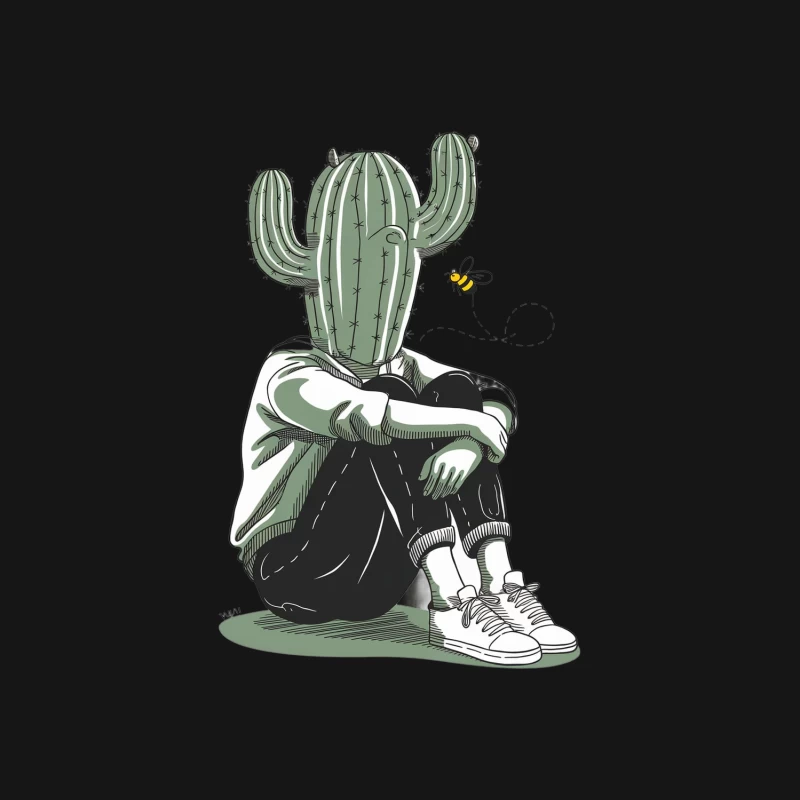 Surreal Cactus-Headed Figure: Urban Loneliness Illustrated Female Long Sleeve T-Shirt