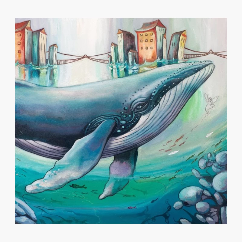 Surreal Underwater Cityscape with Giant Whale Throw Pillow