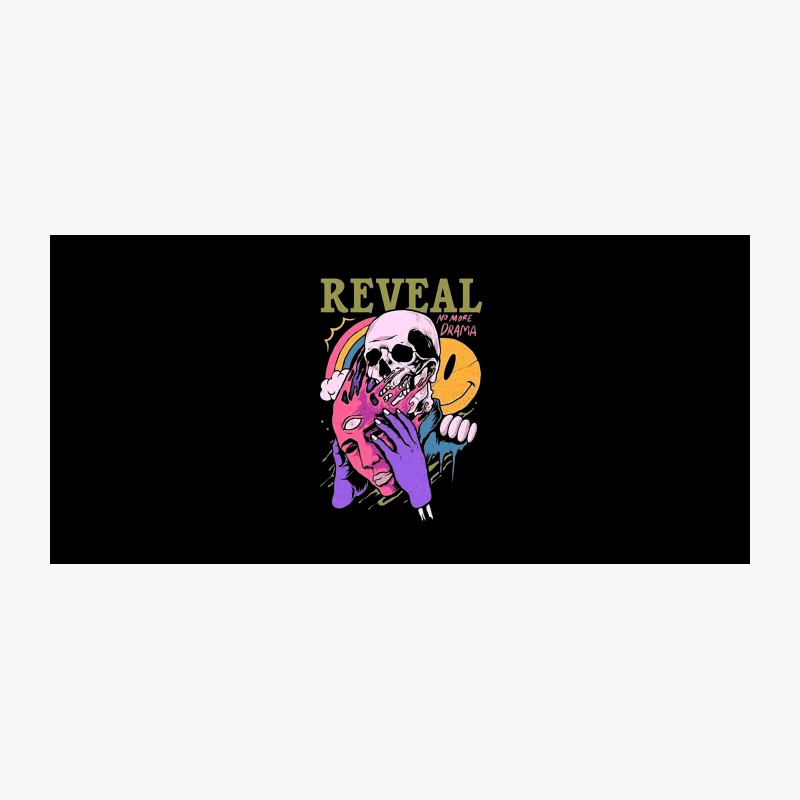 Psychedelic Skull Reveal: Colorful Graphic Design with Rainbow and Smiley Coffee Mug