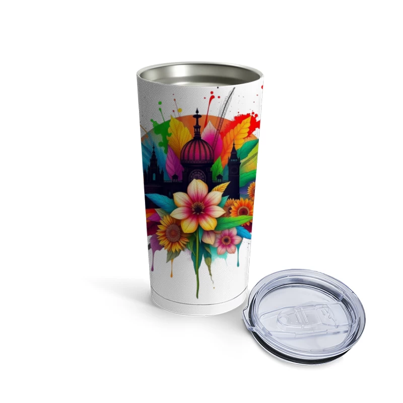 Vibrant Cathedral Silhouette with Rainbow Floral Splash Travel Mug