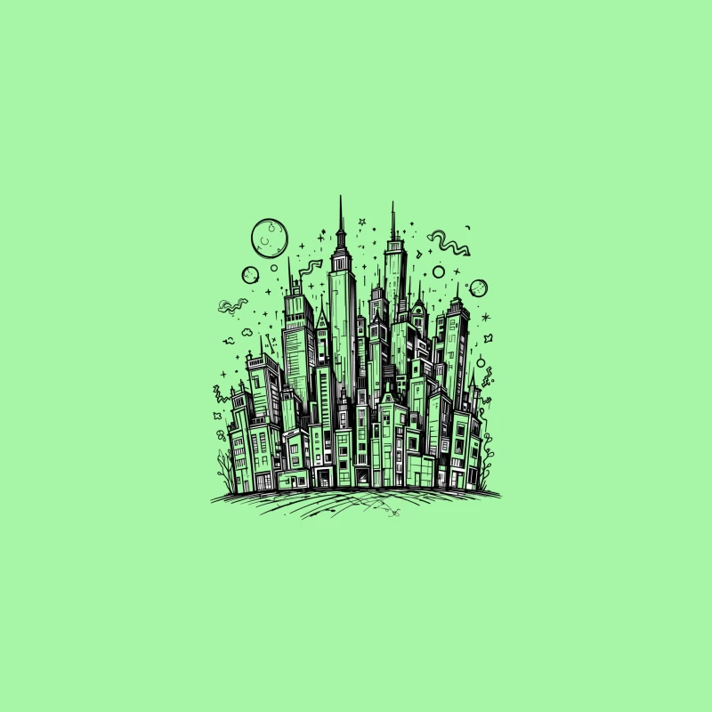 Urban Black and White Cityscape Illustration Desk Mat