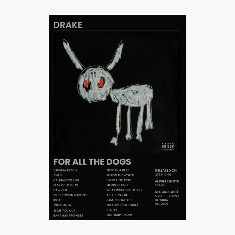 Drake's "For All The Dogs" Album Cover with Minimalist Rabbit Sketch and Tracklist Cotton Tote Bag