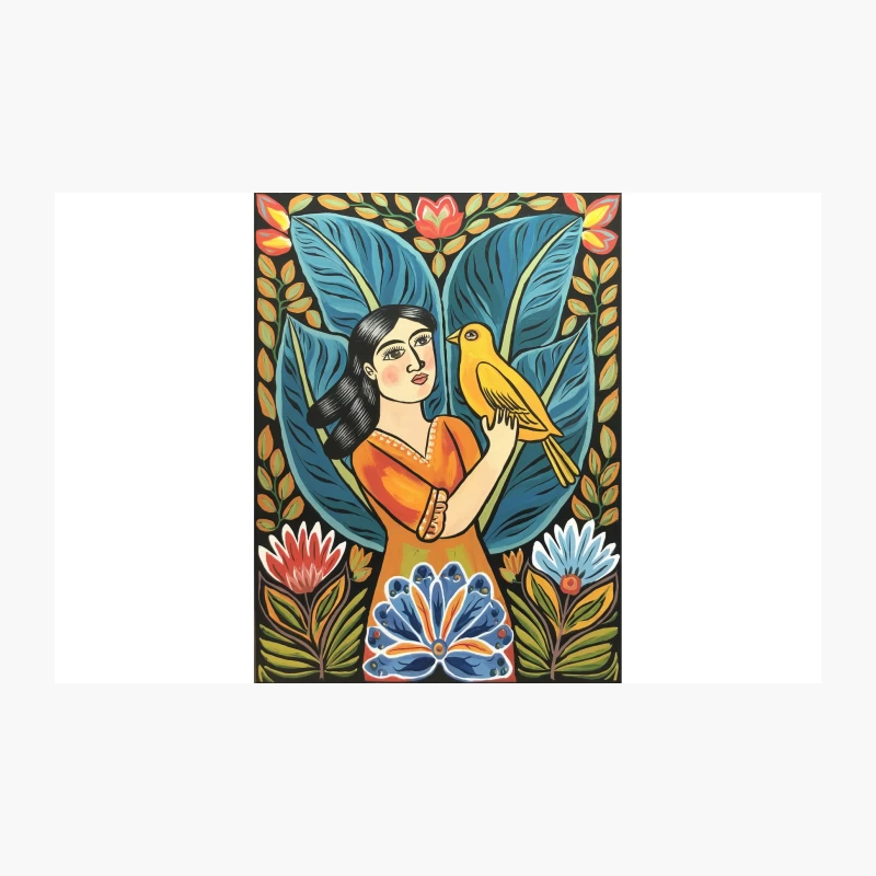 Vibrant Folk Art: Woman with Bird in Floral Setting Travel Mug