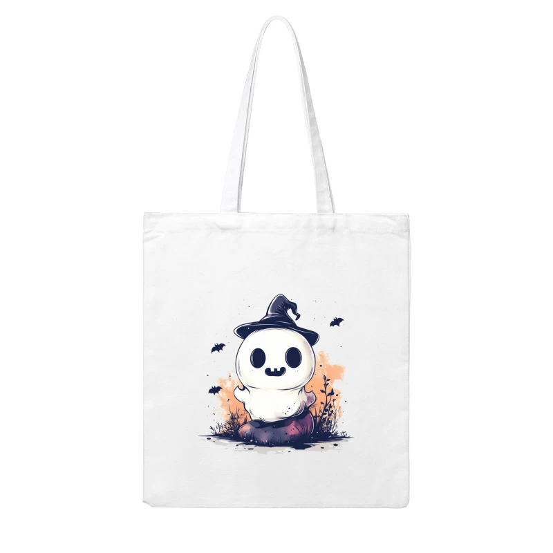 Cute Ghostly Halloween Character with Witch Hat Cotton Tote Bag