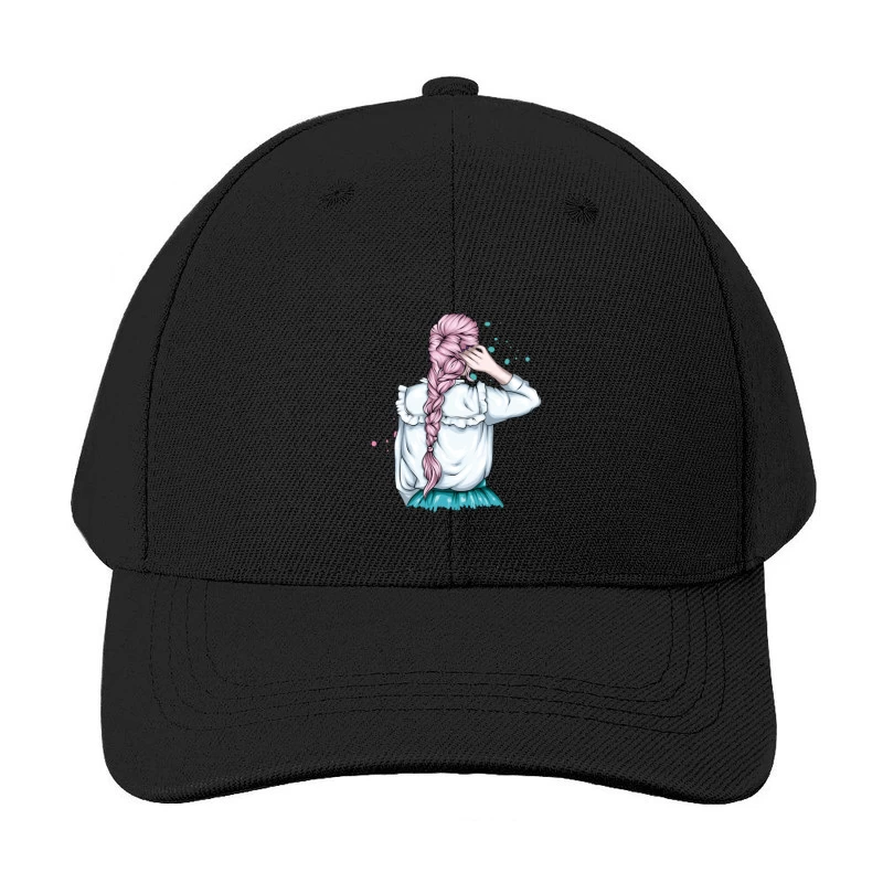 Whimsical Illustration of a Girl with Pink Hair in a Braid Baseball Cap