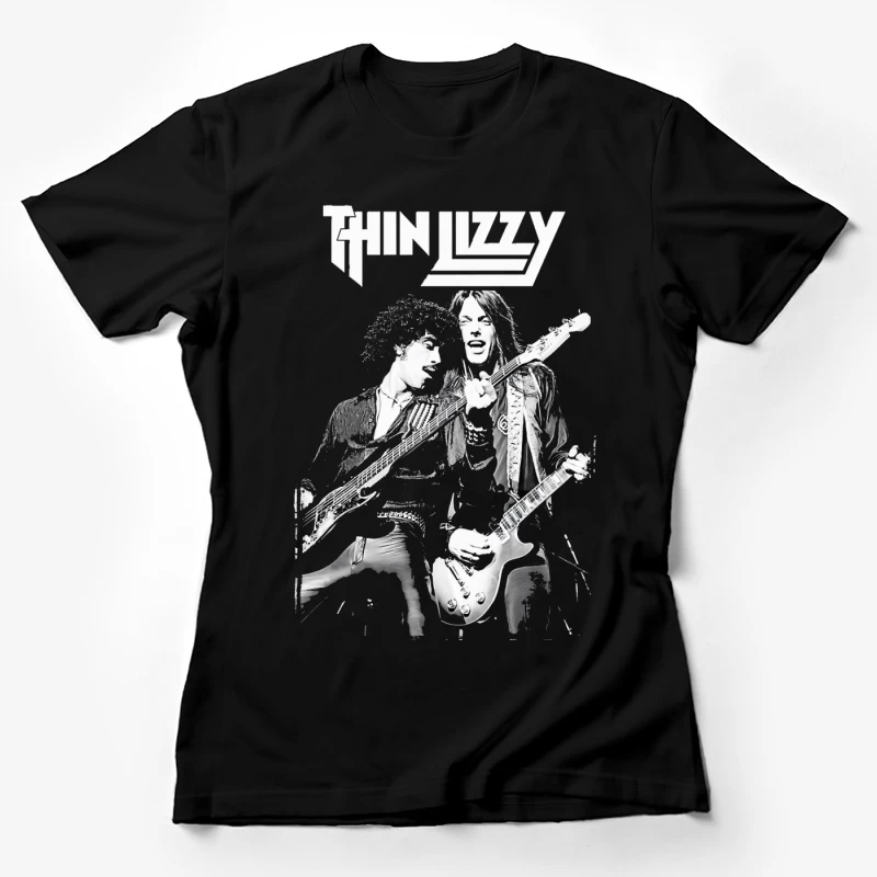 Thin Lizzy Rock Band Performance Sketch in Black and White Female T-Shirt