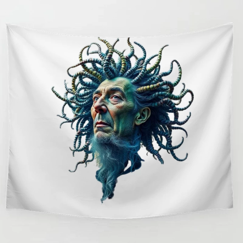 Surreal Medusa-Inspired Portrait with Blue Tentacles Tapestry