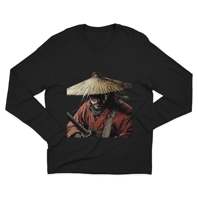Illustrated Samurai Warrior with Straw Hat and Sword Male Long Sleeve T-Shirt