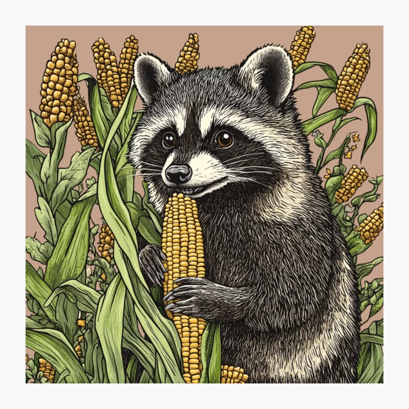 Detailed Illustration of Raccoon Harvesting Corn in Nature Pin