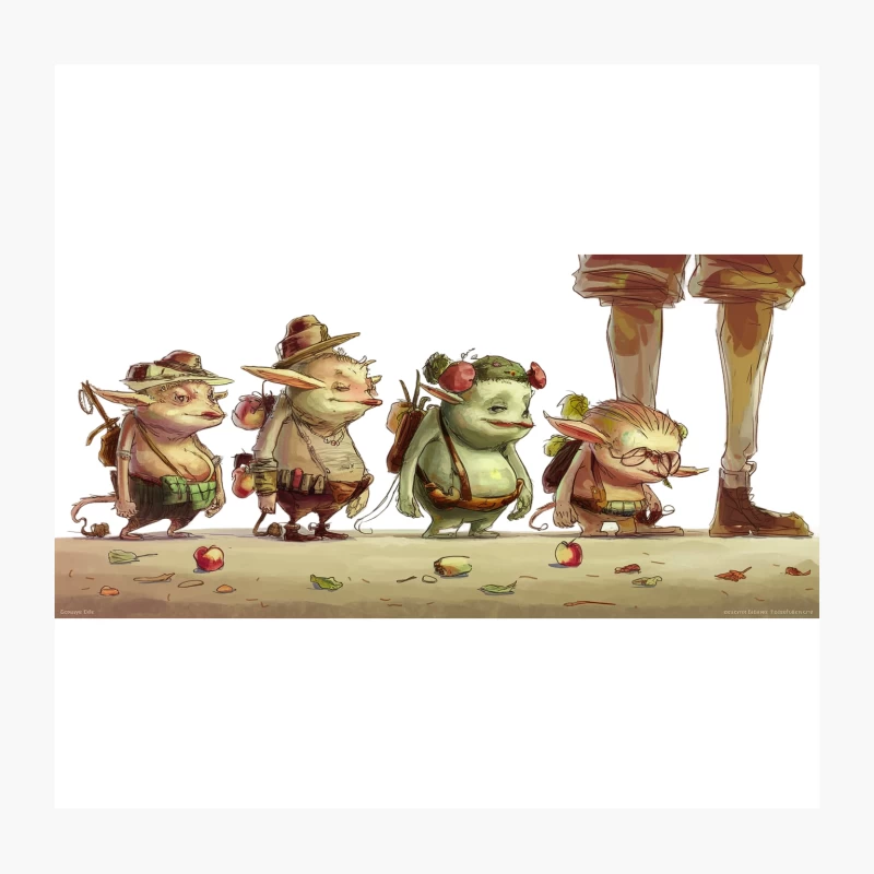 Whimsical Goblin Adventure: Cartoon Creatures and Fallen Apples Throw Pillow