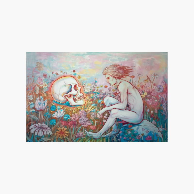 Surreal Encounter: Nude Figure and Skull in Vibrant Flowerscape Cotton Tote Bag