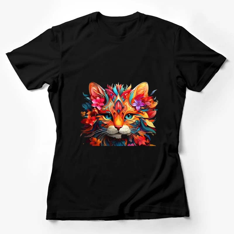 Bunte Katzenkunst mit Blumenmotiv Damen T-Shirt