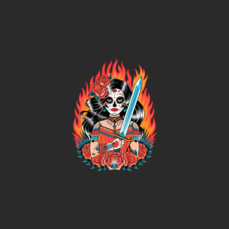 Traditional Day of the Dead Warrior with Sword and Roses in Flames Baseball Cap