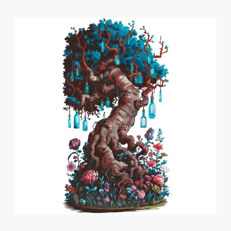 Whimsical Fantasy Tree with Glowing Blue Foliage and Flowered Base Throw Pillow