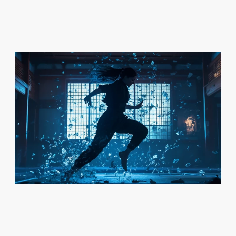 Dynamic Silhouette Running Through Shattered Glass in Cinematic Blue Light Travel Mug