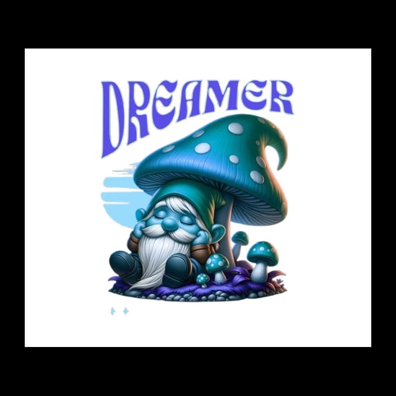 Dreaming Blue Gnome Under Magic Mushroom Tapestry