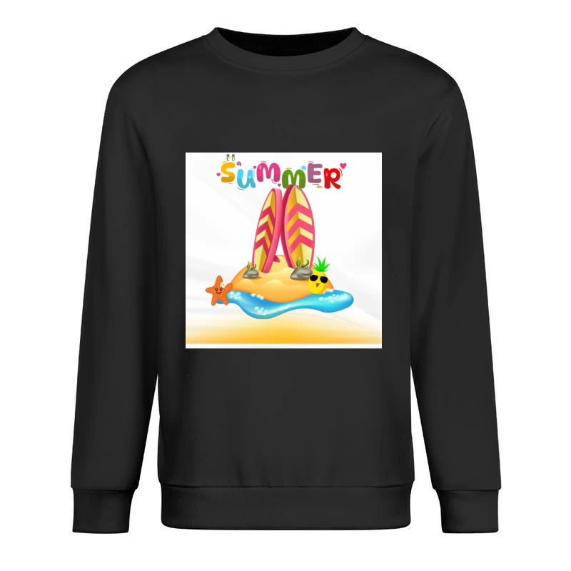 Tropical Surfboard on Island with Palm Trees Male Pullover Sweatshirt