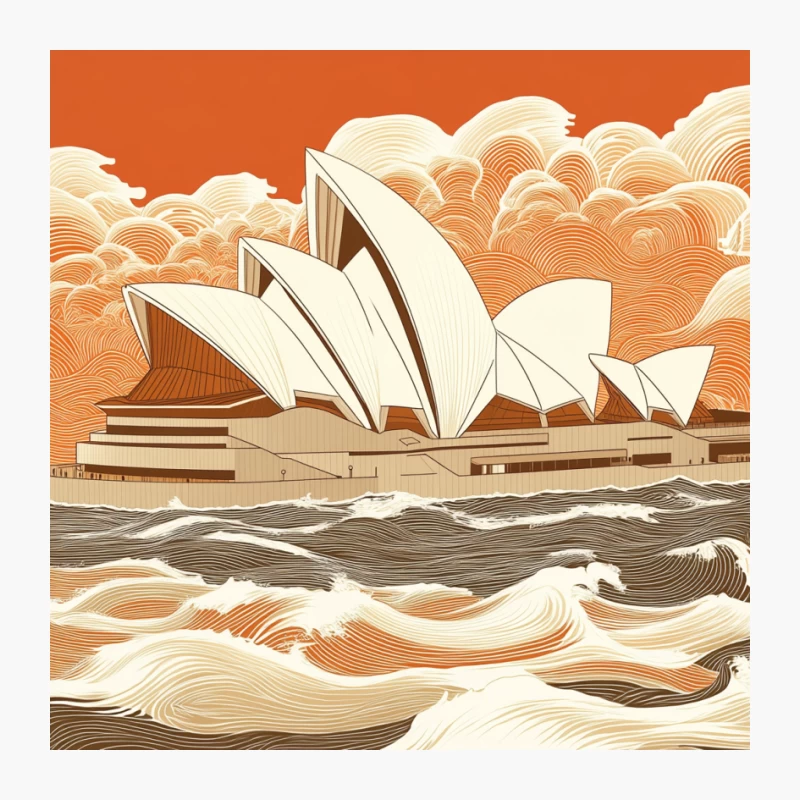 Illustrated Sydney Opera House Against Stylized Ocean Waves Pin