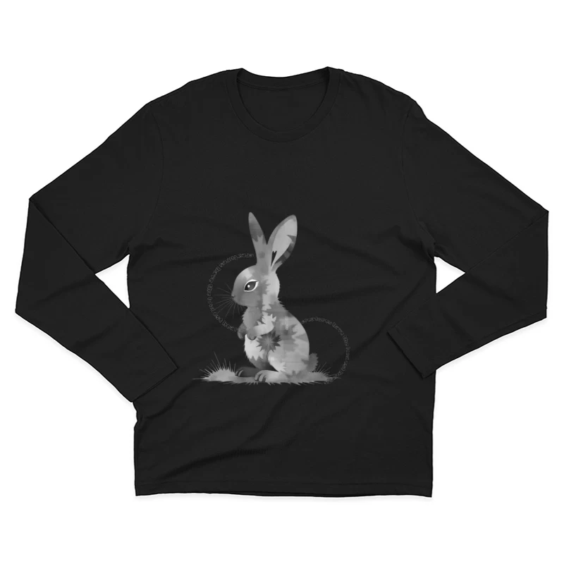 Grayscale Digital Art Illustration of a Sitting Rabbit Male Long Sleeve T-Shirt