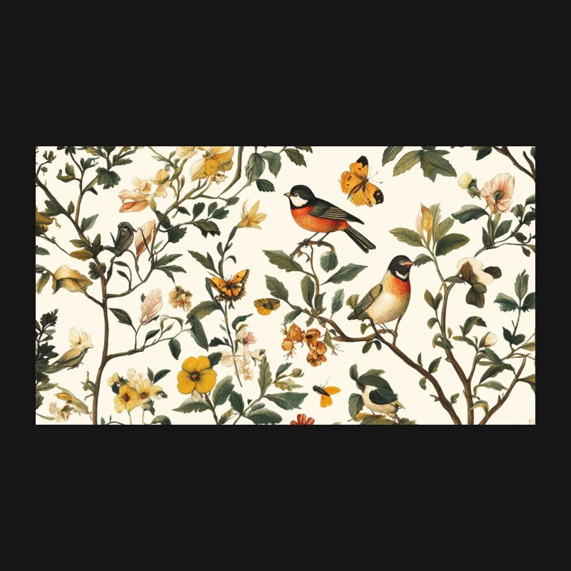 Vintage Botanical Pattern with Birds, Flowers, and Butterflies Desk Mat