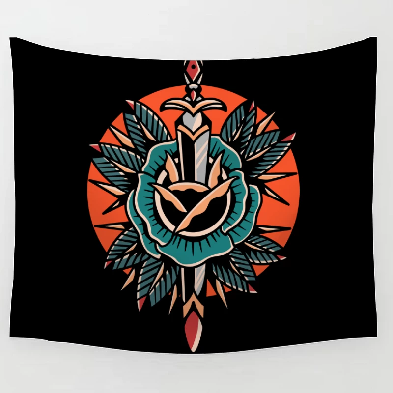 Decorative Sword and Rose Illustration Tapestry