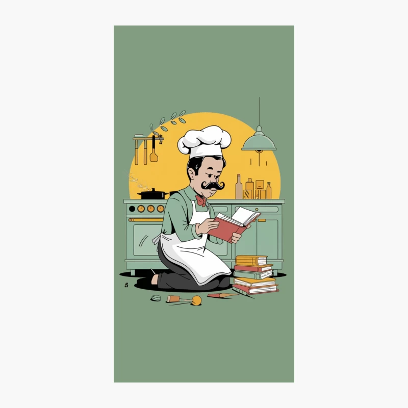 Vintage Style Chef Reading Cookbooks in Kitchen Illustration iPhone Case