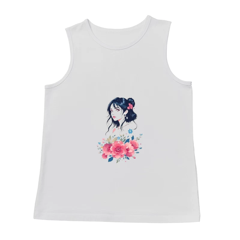 Elegant Anime Portrait with Pink Floral Arrangement Male Tank Top