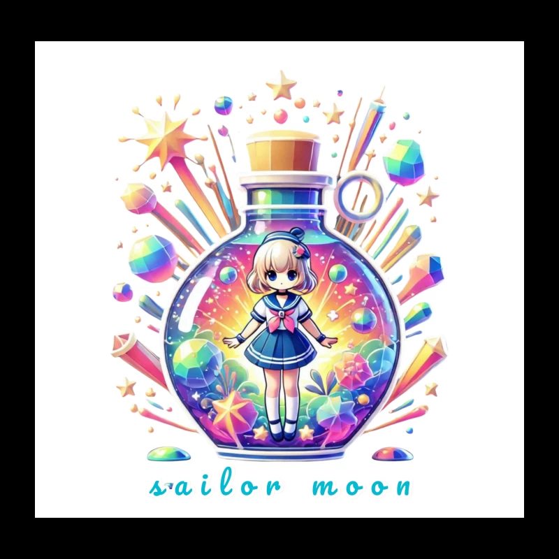 Magical Chibi Sailor in Rainbow Crystal Bottle Throw Pillow