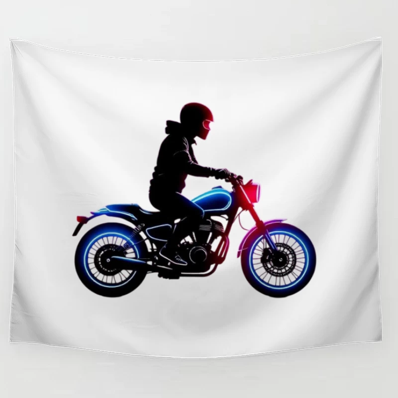 Neon-Lit Motorcycle Rider Silhouette Tapestry