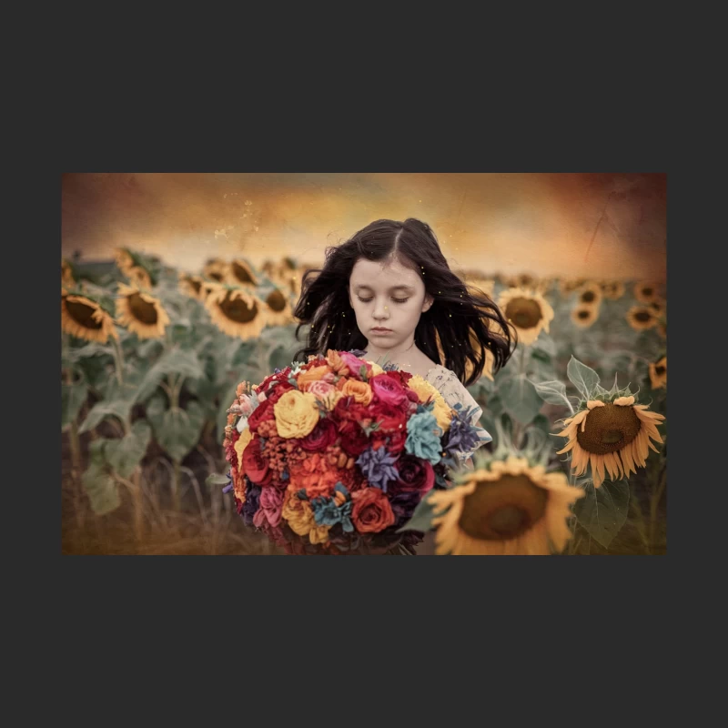 Dreamy Portrait of Girl with Colorful Bouquet in Sunflower Field Baseball Cap